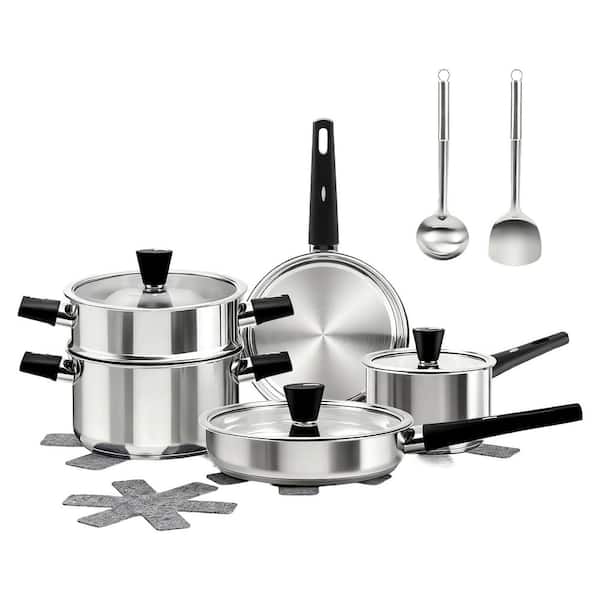 14-Piece Stainless Steel Cookware Set Non-Toxic Tri-Ply Induction Compatible Pots and Pans with Stay-Cool Handles