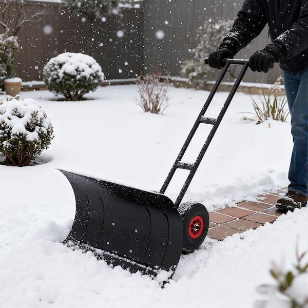 41.7 in. Metal Handle Steel Snow Shovel with Heavy-Duty Wheeled Push Design