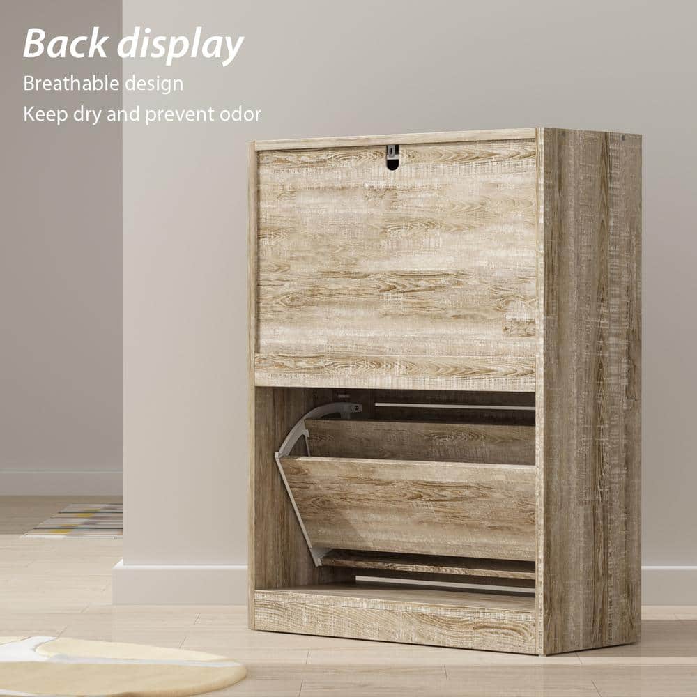 Natural Wood Shoe Storage Cabinet with Louver Doors and Flip Drawers