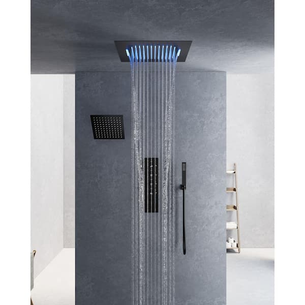 YAWWALK 15-Spray 20 in. and 10 in. Ceiling Mount LED Mood Lighting Music Dual Shower Head and Handheld Shower in Matte Black