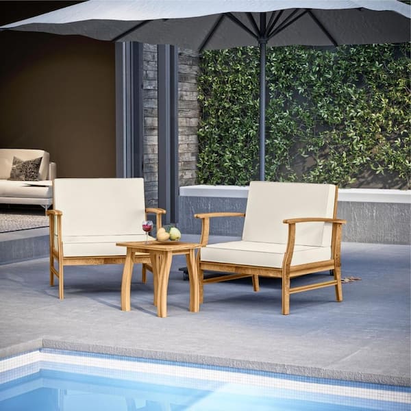 Unbranded 3 -Pieces Wood Patio Conversation Set with White Cushion Durability and Timeless Style