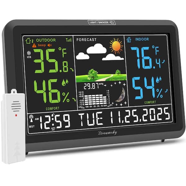 7.9 in Weather Station with Atomic Clock, Indoor Outdoor Thermometer Hygrometer, Black, 1 Sensor