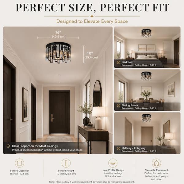 ALOA DECOR 6-Lights 16 in. Modern Matte Black Drum Crystal Flush