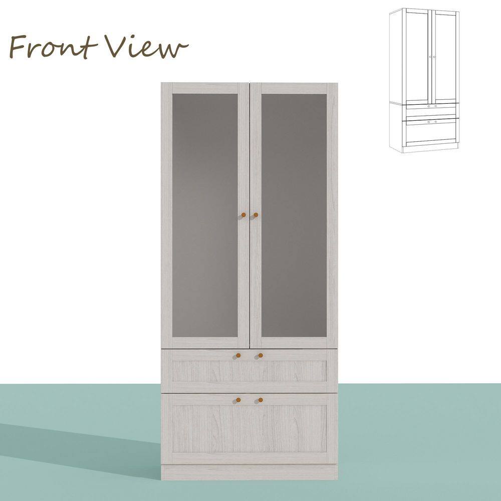 Light Oak Wood 31.5 in. Bedroom Armoire with Frosted Tempered Glass Doors, Hanging Rod and 2-Drawers - thumbnail 3