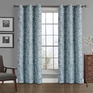 Crushed Blue Branches Microfiber 40 in. W x 84 in. L Grommet Room Darkening Curtain