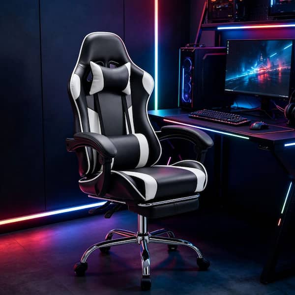 Leather Pocket Spring Reclining Ergonomic Office Gaming Chair in Black and White with Adjustable Arms