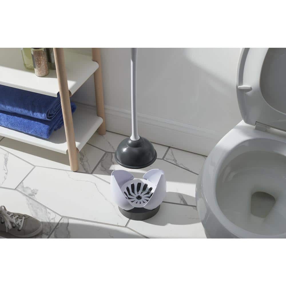 White Ergonomic Toilet Plunger with Hideaway Caddy