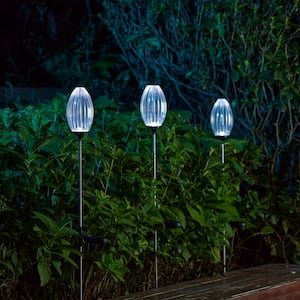 36 in. H White Solar Weather Resistant Stake Oval Flower Light Path Light with LED and Stainless Steel Pole (3-Pack)