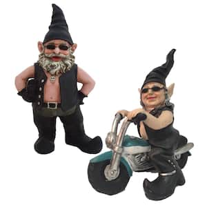 14.5 in. Biker Dude and Babe on Teal Bike in Leather Motorcycle Attire Garden Statue