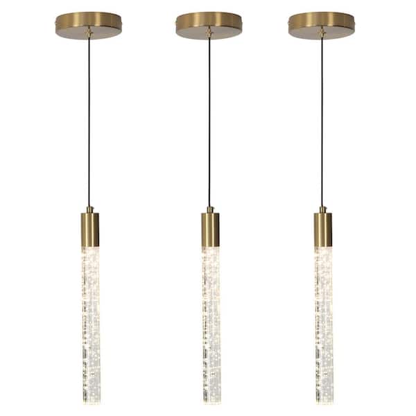 LED 6-Watt 1-Light Brass Mini Pendant Light for Kitchen Island Dining Table, Bubble Crystal Shade (3-Pack)