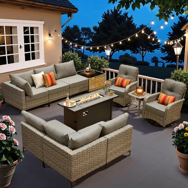 OVIOS Holly Gray 11-Piece Wicker 54 in. Rectangle Fire Pit Patio