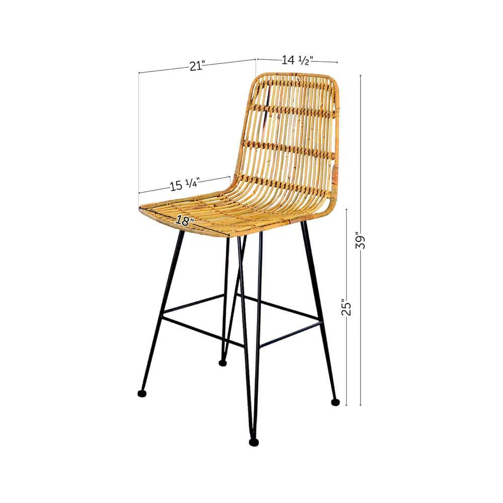 Handmade Rattan and Black Metal Counter Stools, Set of 2