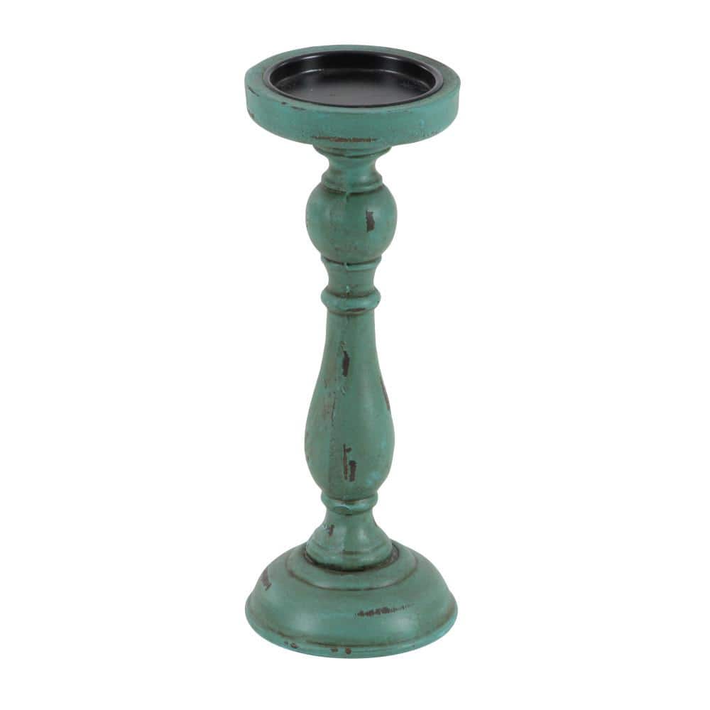 Teal Wood Fluted Pillar Candle Holders Set of 3