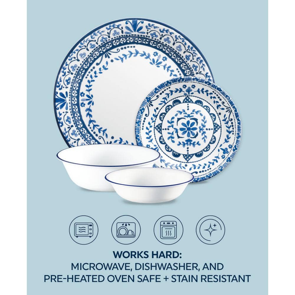 Portofino Blue Floral Vitrelle Glass Dinnerware Set, Service for 4