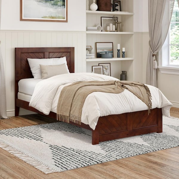 Canyon Walnut Brown Solid Wood Twin XL Panel Bed Frame with Matching Footboard