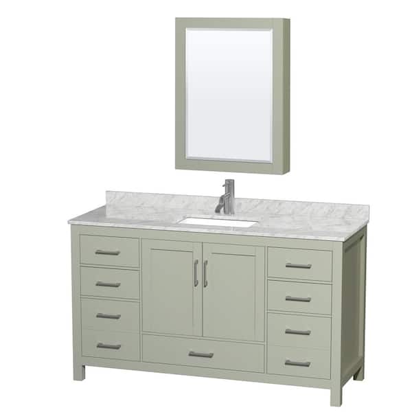 Wyndham Collection Sheffield 60 in. W x 22 in. D x 35 in. H Single Bath Vanity in Light Green with White Carrara Marble Top and MC Mirror