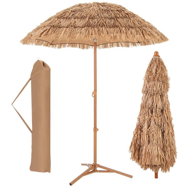 HONEY JOY 6.5 ft. Tilt Tiki Beach Natural Umbrella with Base Hawaiian Style PP Grass with 8 Ribs Thatched with Carry Bag