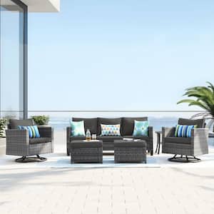 New Vultros Gray 6-Piece Wicker Outdoor Patio Conversation Set with Black Cushions and Swivel Rocking Chairs