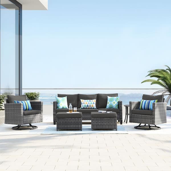 New Vultros Gray 6-Piece Wicker Outdoor Patio Conversation Set with Black Cushions and Swivel Rocking Chairs