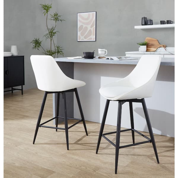 Diana 26 in. Black Metal and White Faux Leather Fixed-Height Counter Stool Metal Legs and Square Footrest (Set of 2) LYW