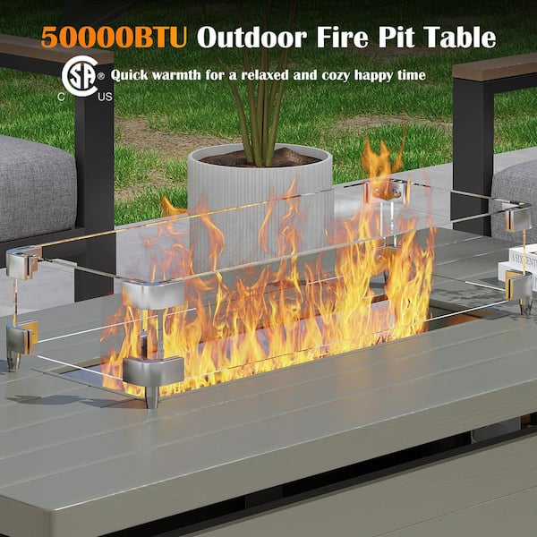 Greige 51 in. 50000 BTU Rectangular Metal Propane Outdoor Fire Pit Table with Glass Wind Guard Lid Fire Glass Beads