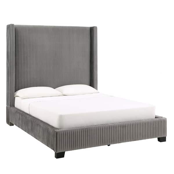 HomeSullivan Gray Pleated Velvet Queen Wingback Bed