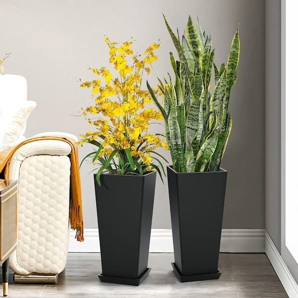 10 in. x 24 in. Black Plastic Tall Square Planter Urn Outdoor Planter(2-Pack)