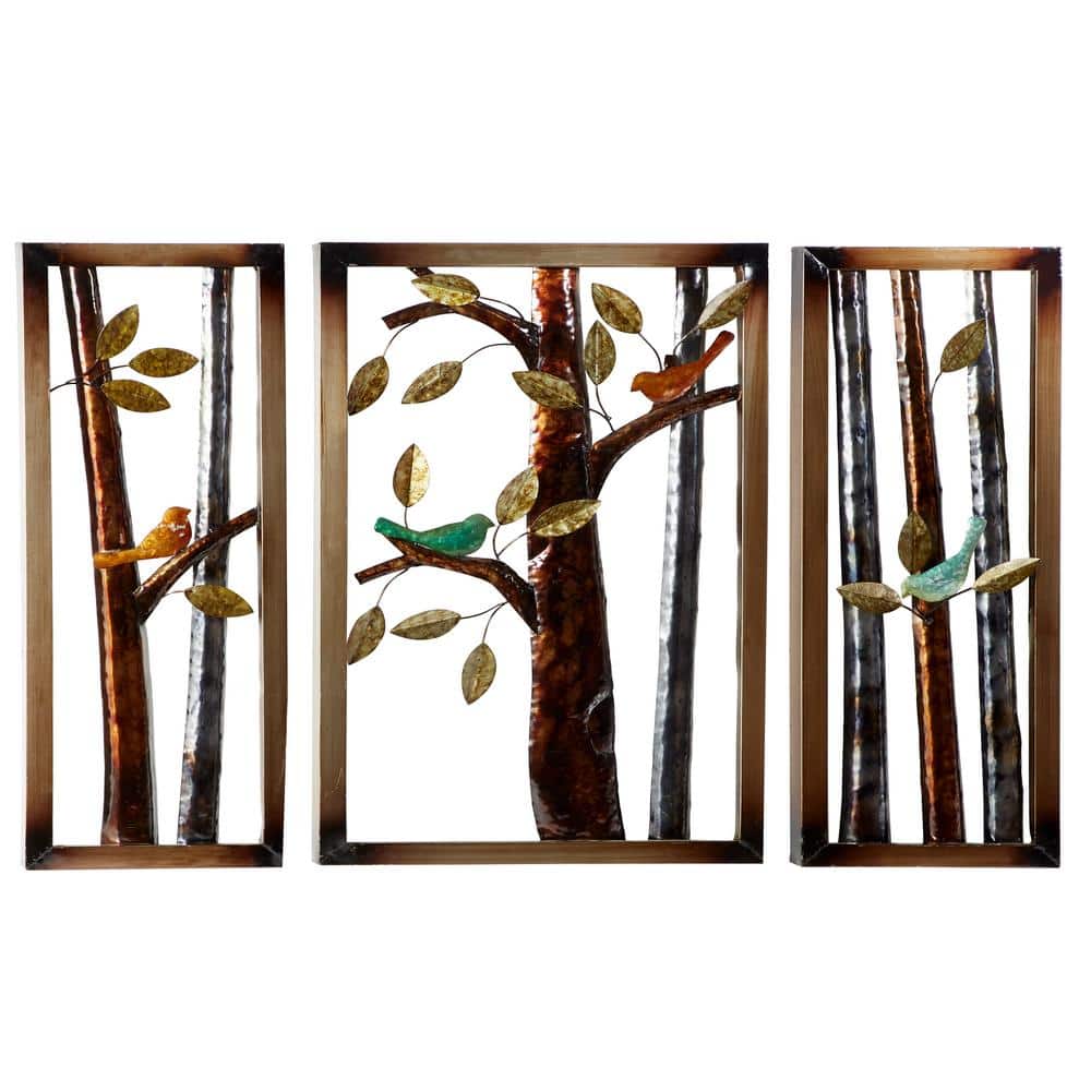 Litton Lane 44 In X 32 In Trees And Birds Iron Wall Plaque Set Of 3 92386 The Home Depot