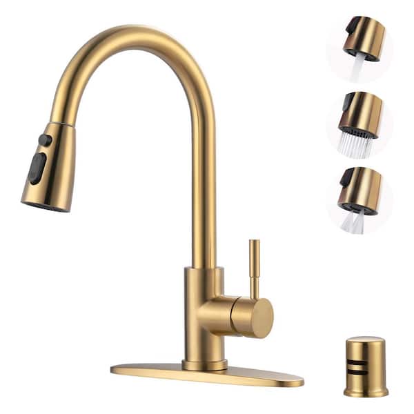 Stainless Steel Single Handle Pull Down Sprayer Kitchen Faucet with Air Gap Kits 2 or 4 Hole in Gold