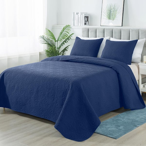 JEAREY 3-Piece Navy Modern Microfiber Full/Queen-Quilt-Set Quilt Set