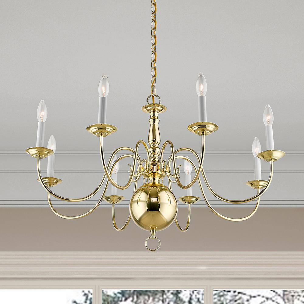 Elegant Williamsburgh Polished Brass 8-Light Colonial Chandelier
