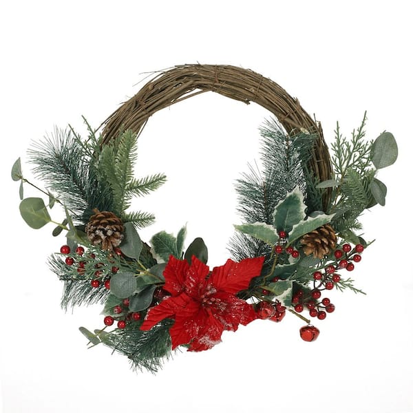 Noble House Wallsten 23.5 in. Eucalyptus Artificial Christmas Wreath with Poinsettia and Berries
