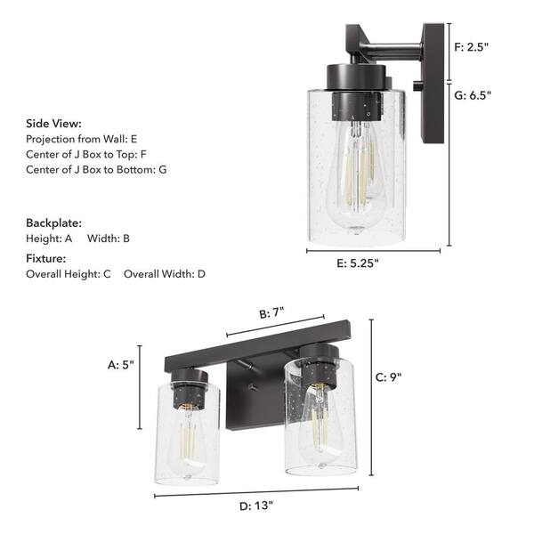 Hunter - Hartland 13 in. 2-Light Noble Bronze Vanity Light with Clear Seeded Glass Shades