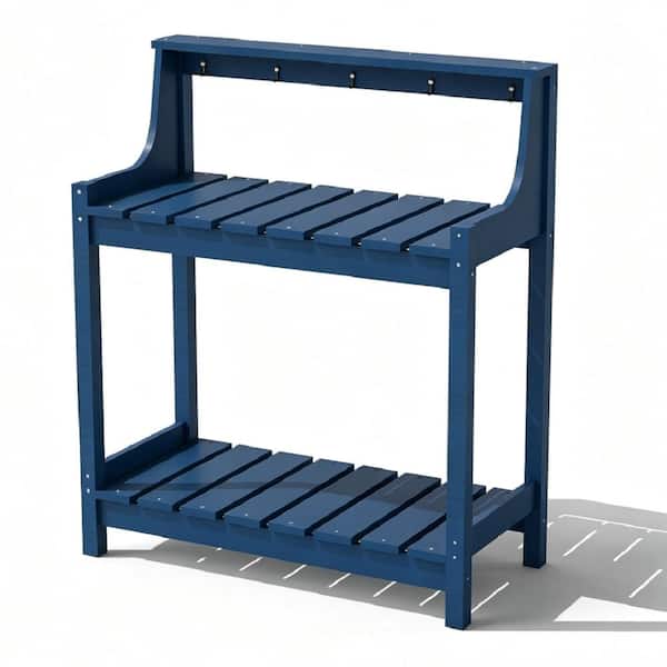 3-Tier Dark Blue HDPE Outdoor Potting Benches, Potting Table with Shelf