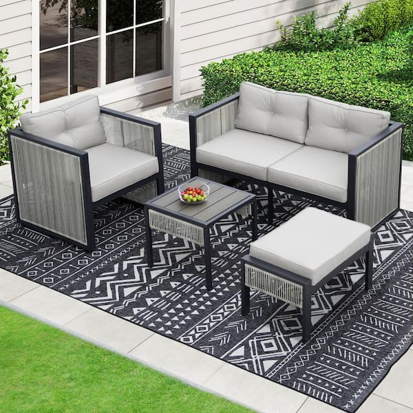 FINCATI 5-Pieces PE Wicker Outdoor Patio Sectional Set with Gray Cushions, Ottoman and Side Table
