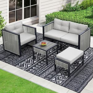 5-Pieces PE Wicker Outdoor Patio Sectional Set with Gray Cushions, Ottoman and Side Table