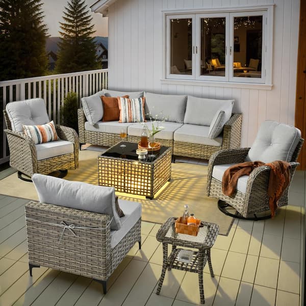 Vinceny Gray 8-Piece Wicker Patio Conversation Set with Gray Cushions and Swivel Chairs