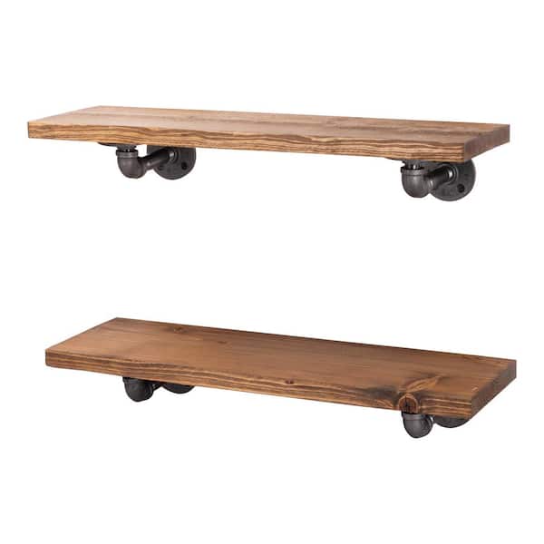 PIPE DECOR 24 in. x 7.5 in. x 6.75 in. Autumn Brown Restore Wood Decorative Wall Shelf with Industrial Steel Pipe L- Brackets