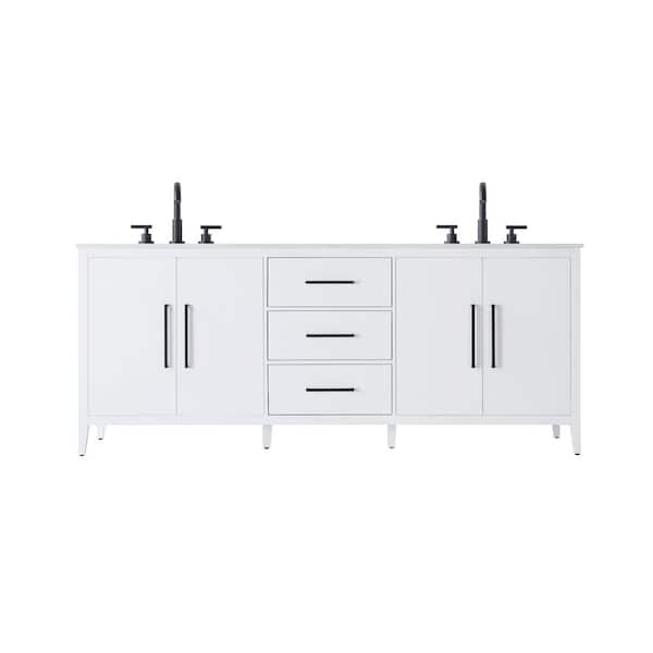 84 in. Double Sink White Bath Vanity with White Engineered Marble Top