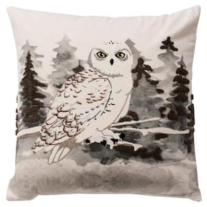 Holiday Ivory/Gray Owl Cotton 20 in. x 20 in. Poly Filled Decorative Throw Pillow