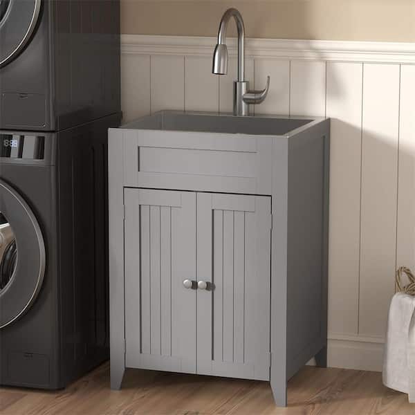Karl home 24 in. D Drop-In Laundry/Utility Sink in Gray with Cabinet and Pull-Out Sprayer Faucet