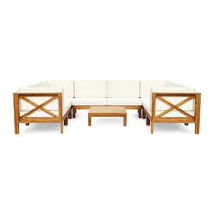 Brava Teak Brown 9-Piece Wood Patio Conversation Sectional Seating Set with Beige Cushions