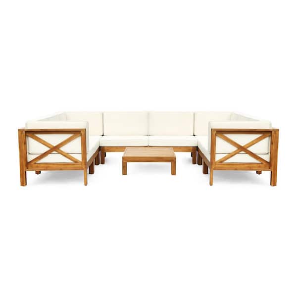 Brava Teak Brown 9-Piece Wood Outdoor Patio Conversation Sectional Seating Set with Beige Cushions
