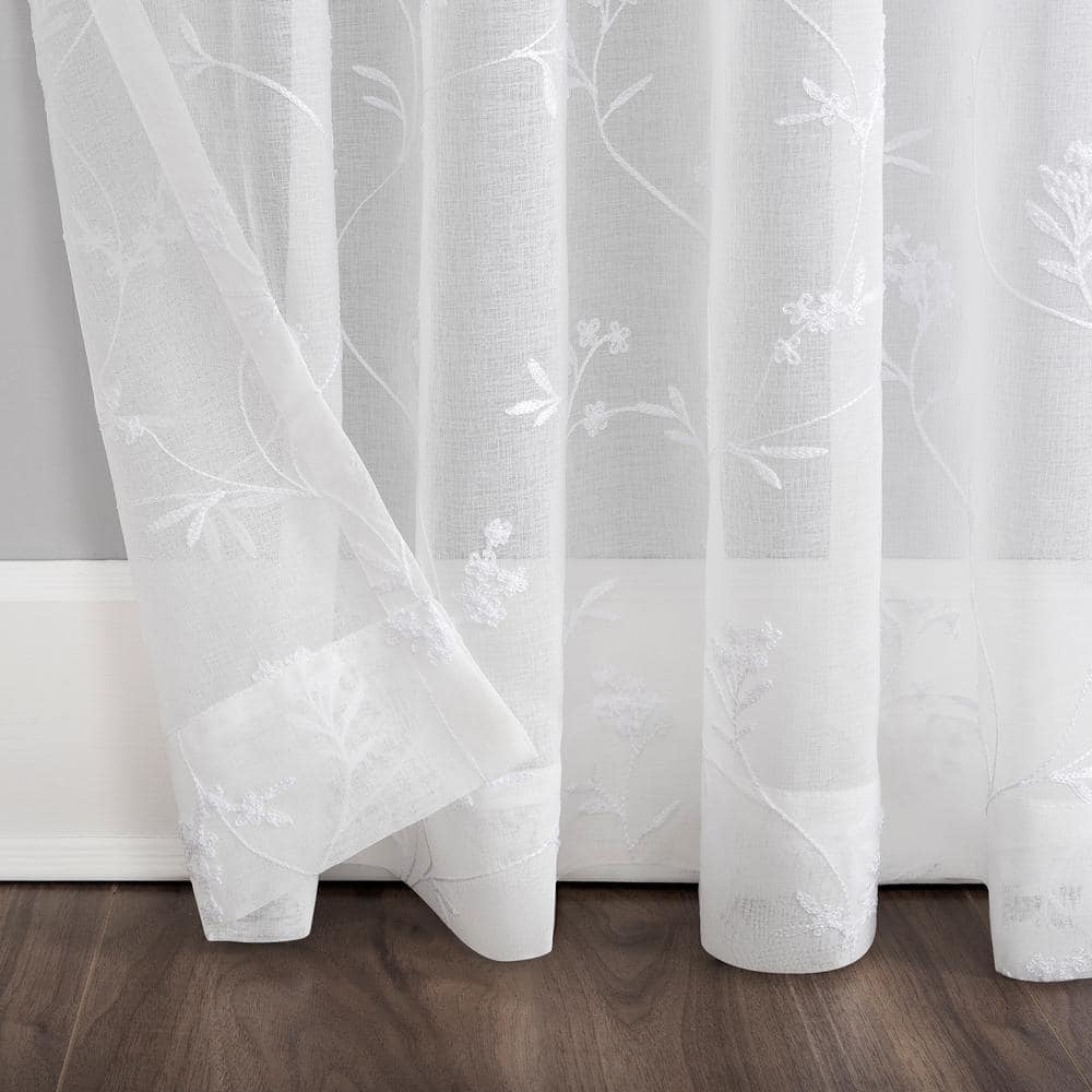 Ivory Sheer Embroidered Floral Rod Pocket Curtain Panel, 63" x 50"