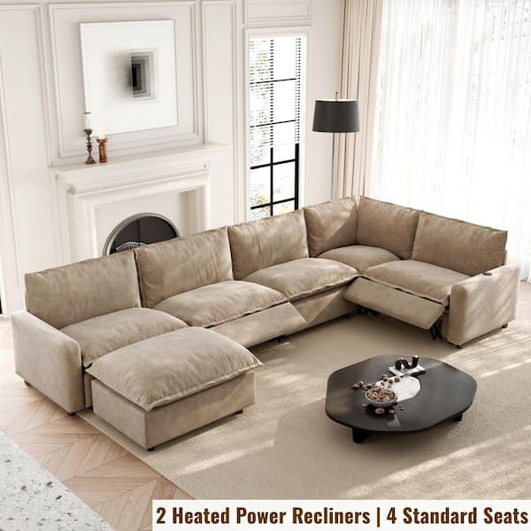 Power Recliner 140 in. Square Arm Khaki Linen 6-Pieces U-Shape Modular Sectional Sofa with Ottoman, Heat and USB Ports