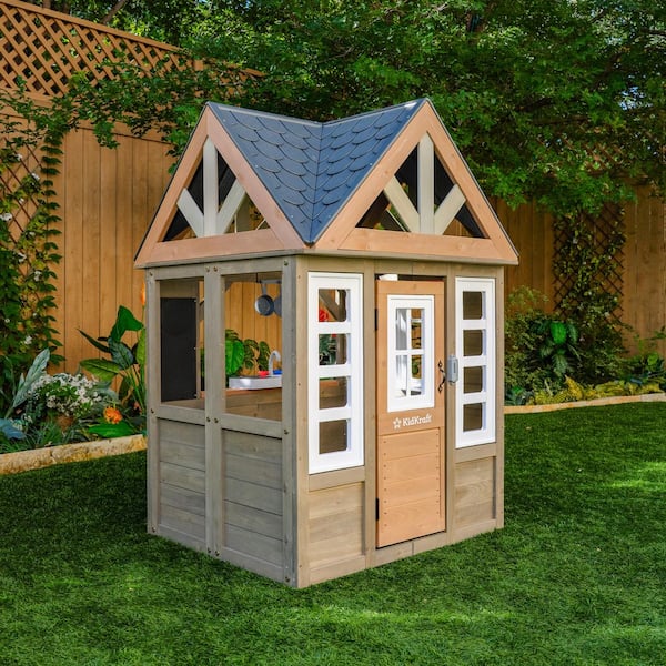 DIY Greystone Outdoor Wooden Playhouse with Play Kitchen, Front Door with Working Doorbell, and Clock/Chalkboard Combo