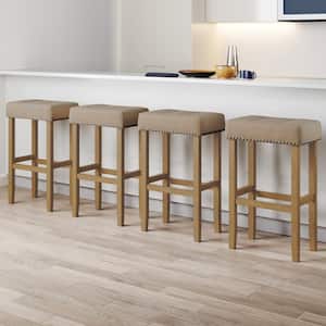 Hylie 29 in. Nailhead Wood Bar Height Kitchen Counter Backless Bar Stool, Natural Flax/Light Brown, Set of 4