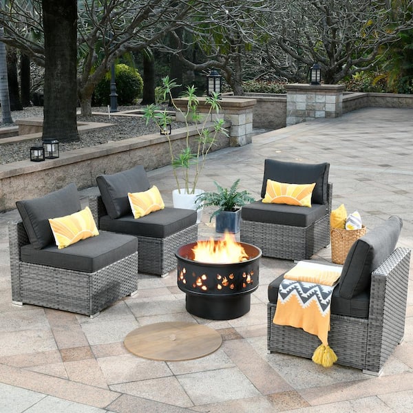 Toject Sanibel Gray 5-Piece Wicker Outdoor Patio Conversation Sofa Chair Set with a Wood-Burning Fire Pit and Black Cushions