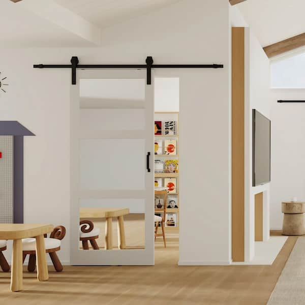 36 in. x 84 in. 3-Lite Mirrored Glass White MDF Sliding Assembly Required Barn Door Slab with Hardware Kit Set