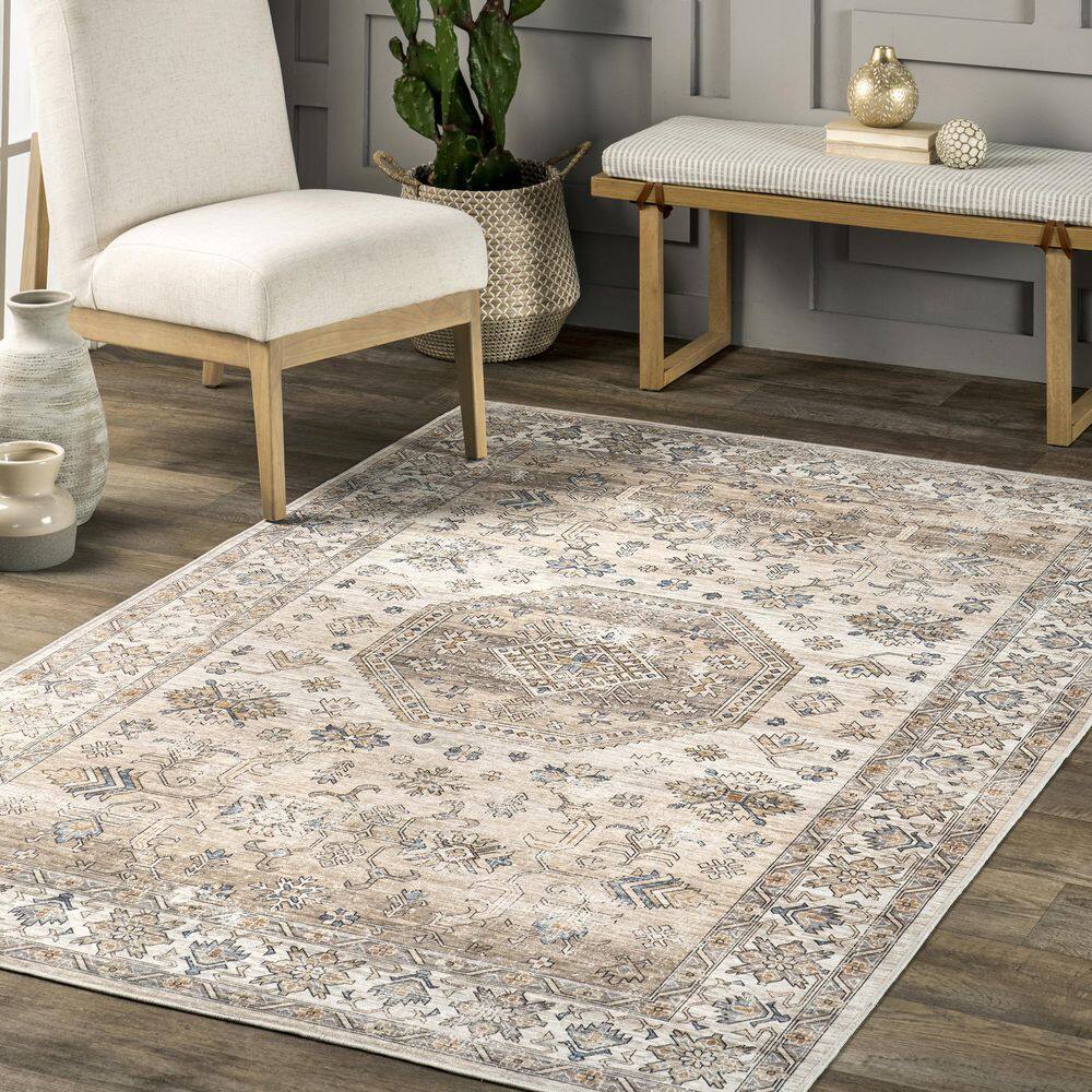 Darby Beige and Ivory Synthetic Washable 3' x 5' Area Rug